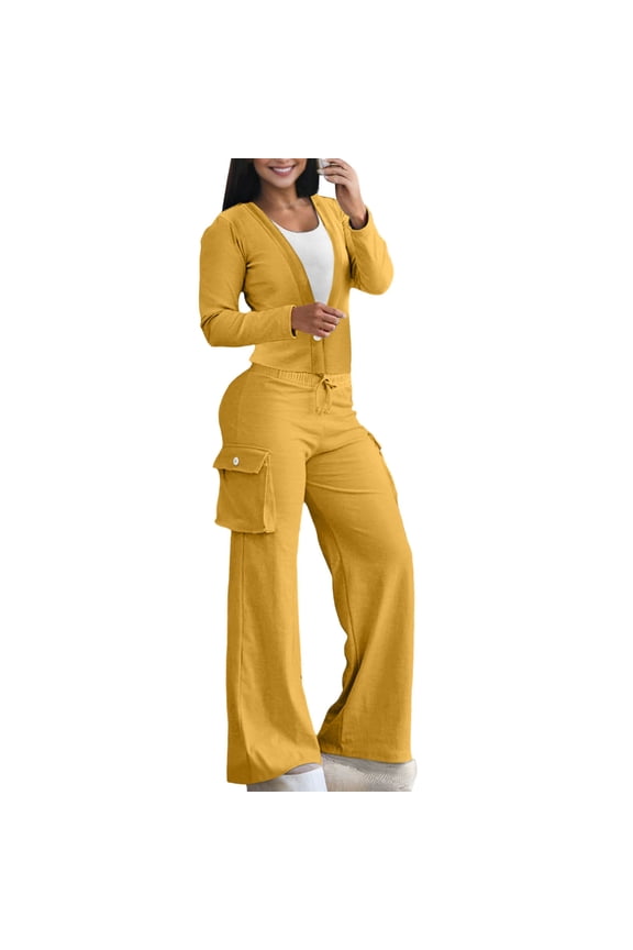 Womens 2 Piece Outfit Button Front Cardigan and High Waisted Wide Leg Casual Cargo Pants for Daily Wear