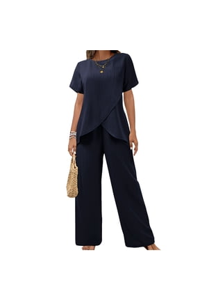 Womens 2 Pieces Solid Pants Suits Short Sleeve Tops and Loose Long Pants Sets Ruffle Layered Formal Outfit