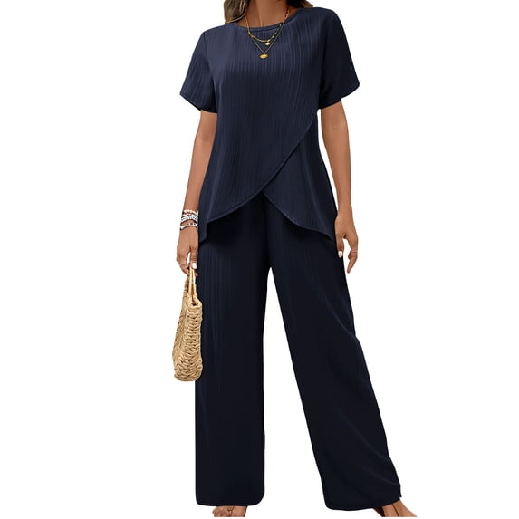 Qingpeng Womens 2 Pieces Solid Pants Suits Short Sleeve Tops and Loose Long Pants Sets Ruffle Layered Formal Outfit