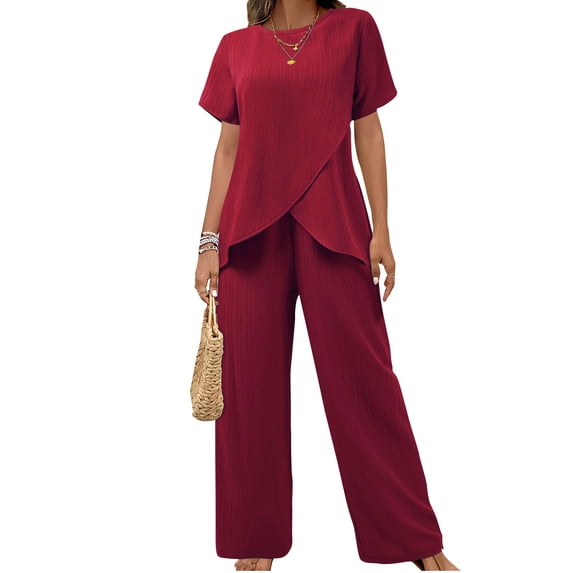 Qingpeng Womens 2 Pieces Solid Pants Suits Short Sleeve Tops and Loose Long Pants Sets Ruffle Layered Formal Outfit