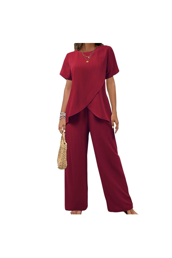 Womens 2 Pieces Solid Pants Suits Short Sleeve Tops and Loose Long Pants Sets Ruffle Layered Formal Outfit