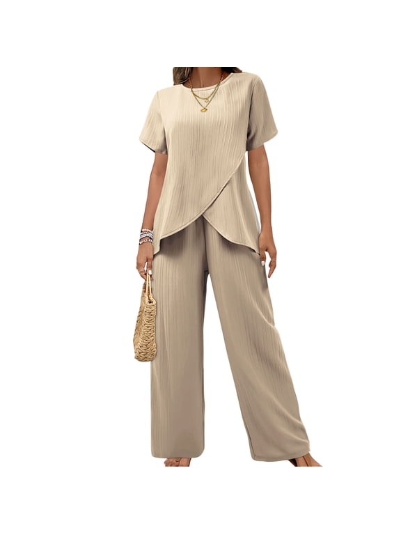Womens 2 Pieces Solid Pants Suits Short Sleeve Tops and Loose Long Pants Sets Ruffle Layered Formal Outfit
