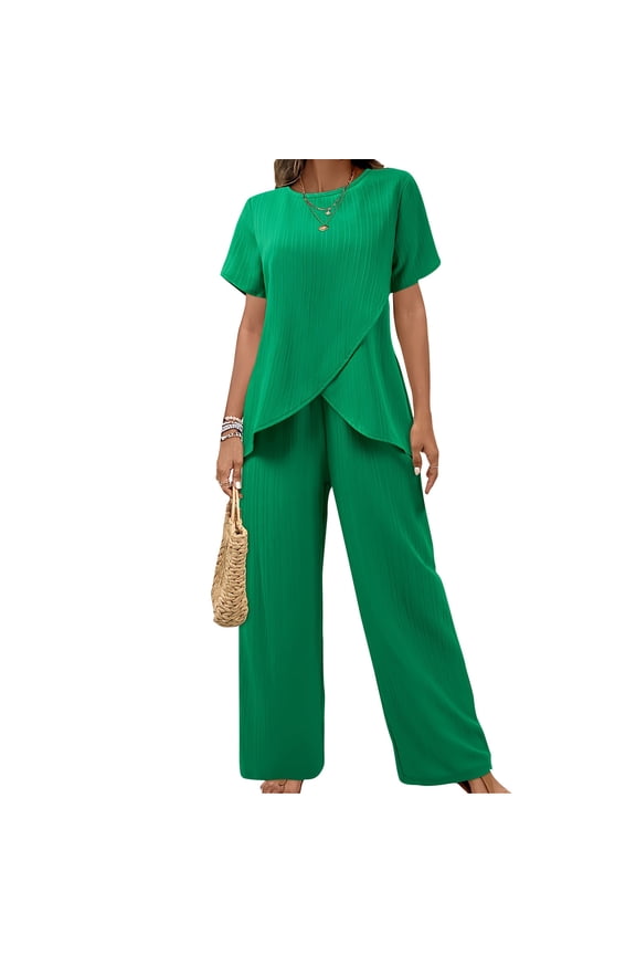Womens 2 Pieces Solid Pants Suits Short Sleeve Tops and Loose Long Pants Sets Ruffle Layered Formal Outfit