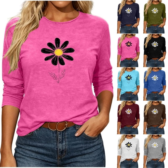 Qingpeng Womens 3/4 Length Sleeve Tops Crew Neck Trendy Floral Printed Cute Funny Going Out Casual Tees Shirt Pullover Tops