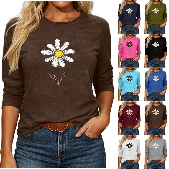 Qingpeng Womens 3/4 Length Sleeve Tops Crew Neck Trendy Floral Printed Cute Funny Going Out Casual Tees Shirt Pullover Tops