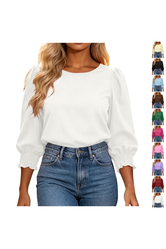 Womens 3/4 Length Sleeve Tops Dressy Casual Blouses Puff Sleeve Crew Neck Smocked Cuffs Fashion T Shirts