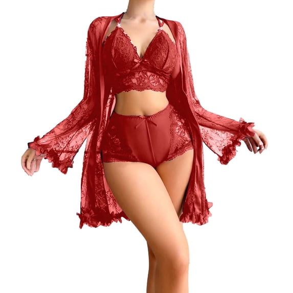 Qingpeng Womens 3 Piece Sheer Lace Nightgown Pajamas Set Bralettes See Through Bathrobe Bridal Wedding Sleepwear
