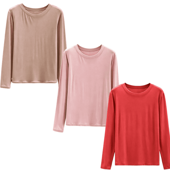 Qingpeng Womens 3PC Solid Crew Neck Pajama Top Long Sleeve Relaxed Soft Sleepwear Casual Shirt for Home Wear