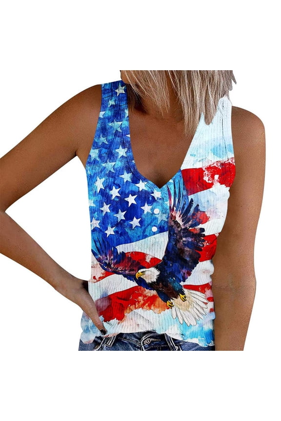 Womens 4th of July Ribbed Tank Tops American Flag Printed Patriotic Shirts Button V Neck Stars Striped T Shirts