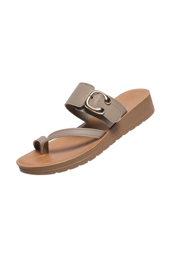 Womens Adjustable Gold Buckle Single Strap Toe Loop Wedge Slide Sandals Non Slip Serrated Outsole Summer Beach Footwear