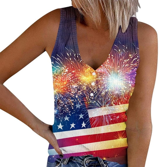Qingpeng Womens American Flag Printed Ribbed Tank Tops Funny Stars Graphic Shirts Button V Neck Sleeveless Tees for 4th of July