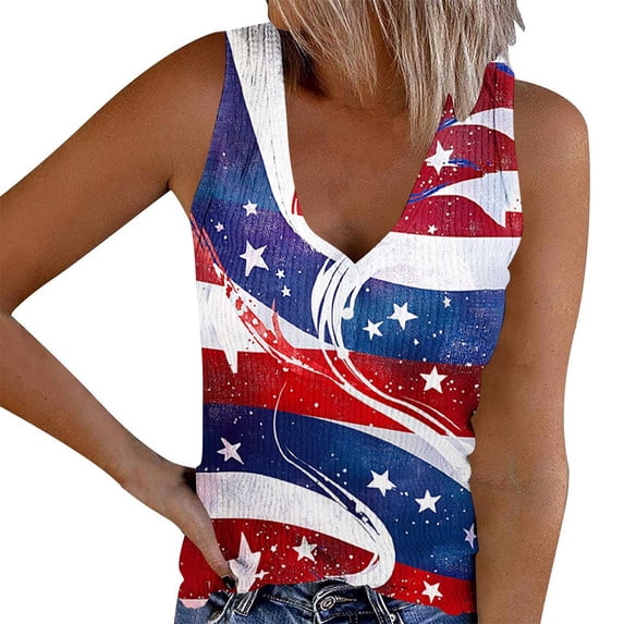 Qingpeng Womens American Flag Printed Ribbed Tank Tops Funny Stars Graphic Shirts Button V Neck Sleeveless Tees for 4th of July