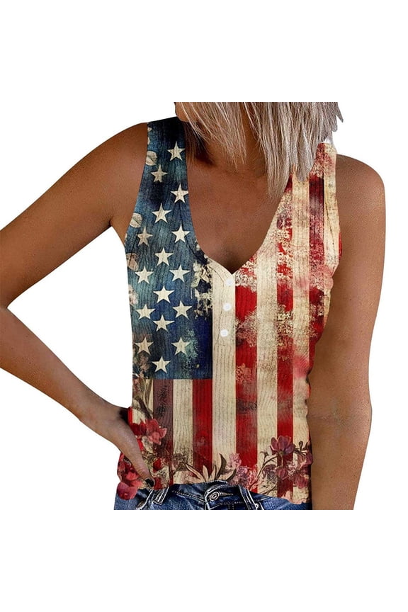 Womens American Flag Printed Ribbed Tank Tops Funny Stars Graphic Shirts Button V Neck Sleeveless Tees for 4th of July
