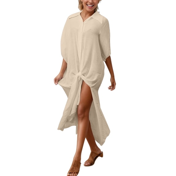 Qingpeng Womens Beach Cover Ups Button Down Swim Cover Up Long Sleeve Holiday Beachwear