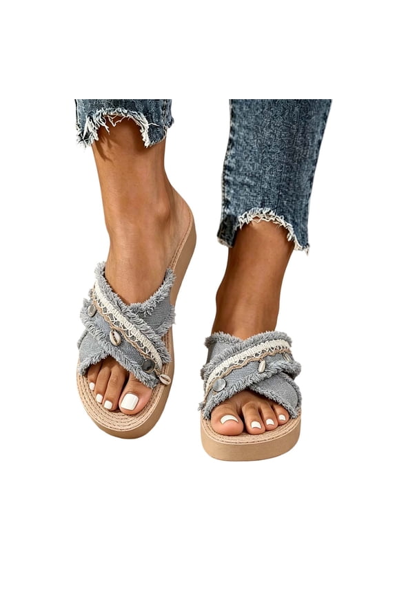 Womens Boho Fringe Slide Sandals Shell Pearl Bead Embellishments Textured Fluffy Strap Comfy Slip On Summer Flats
