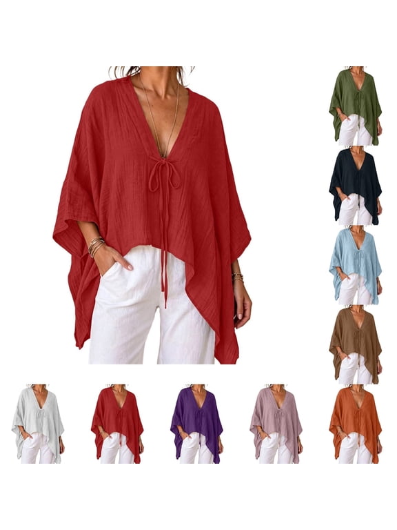 Womens Boho Linen Poncho Top Deep V Neck Tie Front Batwing 3/4 Sleeve Casual Loose Oversized Flowy Summer Tunic Blouses