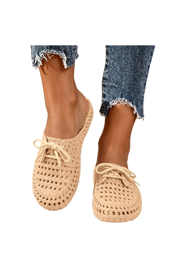 Womens Breathable Woven Slip On Mules Decorative Bow Lace Detail Closed Round Toe Comfy Summer Vacation Flats