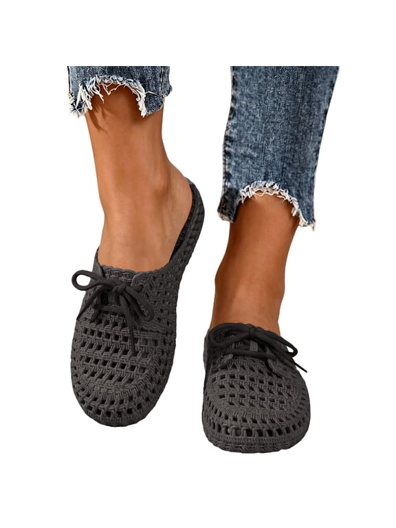Womens Breathable Woven Slip On Mules Decorative Bow Lace Detail Closed Round Toe Comfy Summer Vacation Flats
