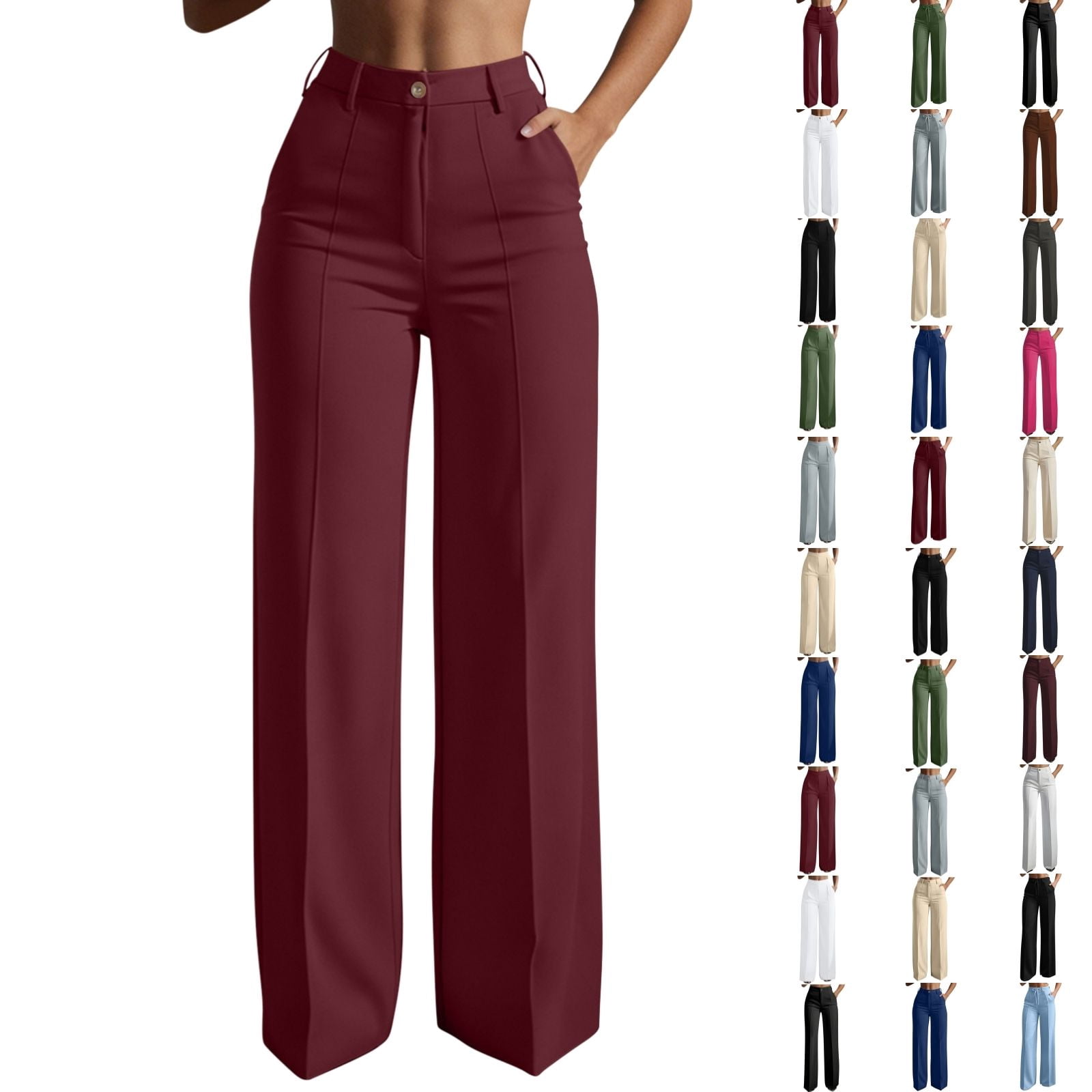 high waisted dress pants for sale Qingpeng Womens Business Casual Outfits Wide Leg Office Straight Leg Trousers with Pockets do-long