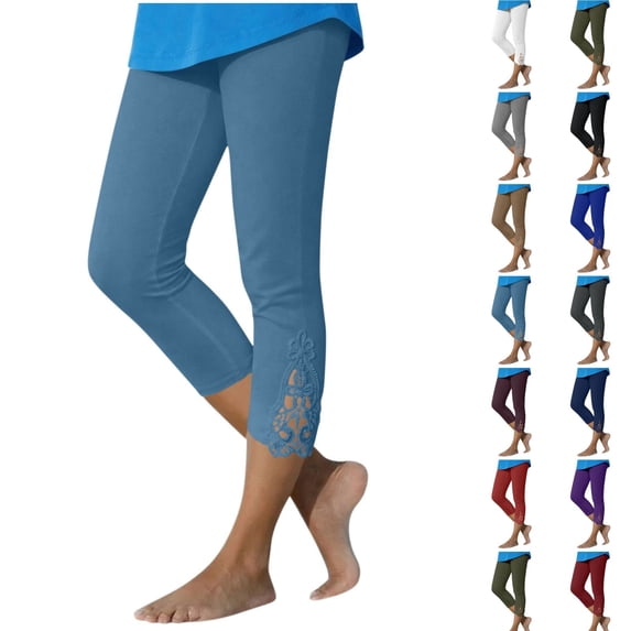 Qingpeng Womens Capri Pants Stretchy Tummy Control Workout Leggings Casual Slim Comfy Athletic Gym Yoga Lace Cropped Pants