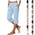 thumbnail image 1 of Qingpeng Womens Capris Pants Cotton Linen Casual Elastic Waisted Split Button Hem Summer Straight Leg Cropped Pants with Pockets, 1 of 6