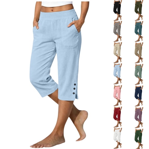 Qingpeng Womens Capris Pants Cotton Linen Casual Elastic Waisted Split Button Hem Summer Straight Leg Cropped Pants with Pockets