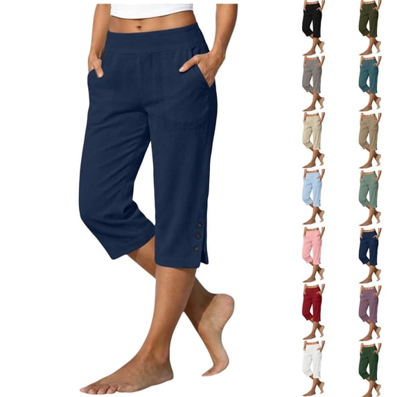 Qingpeng Womens Capris Pants Cotton Linen Casual Elastic Waisted Split Button Hem Summer Straight Leg Cropped Pants with Pockets