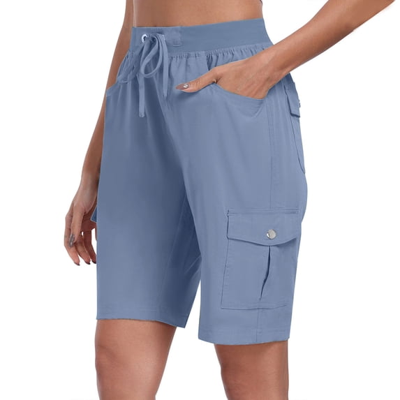 Qingpeng Womens Cargo Wide Leg Shorts Casual Straight Leg Drawstring Elastic Waisted Tactical Hiking Work Shorts with Pockets