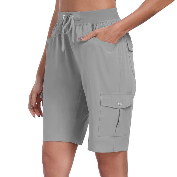 Qingpeng Womens Cargo Wide Leg Shorts Casual Straight Leg Drawstring Elastic Waisted Tactical Hiking Work Shorts with Pockets