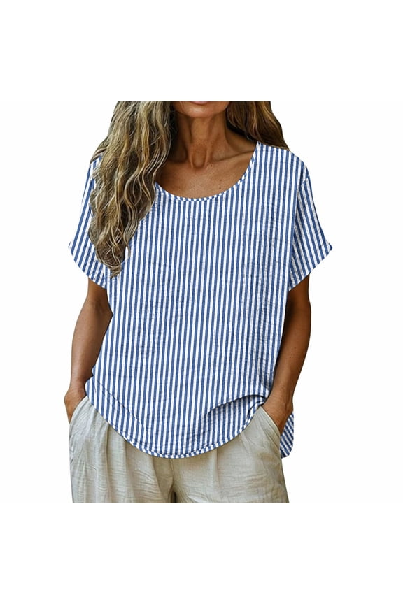 Womens Casual Crew Neck Striped T Shirts Short Sleeve Cotton Linen Blend Loose Fit Tops for Everyday Wear