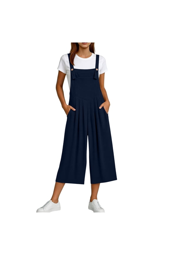 Womens Casual Overalls Button Straps Pleated Wide Leg Capri Jumpsuits with Pockets Daily Trousers