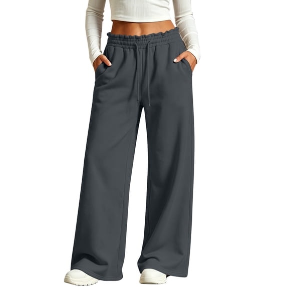 Qingpeng Womens Casual Solid Color Wide Leg Sweatpants Elastic Ruffled Waist Loose Sports Trousers with Side Pockets