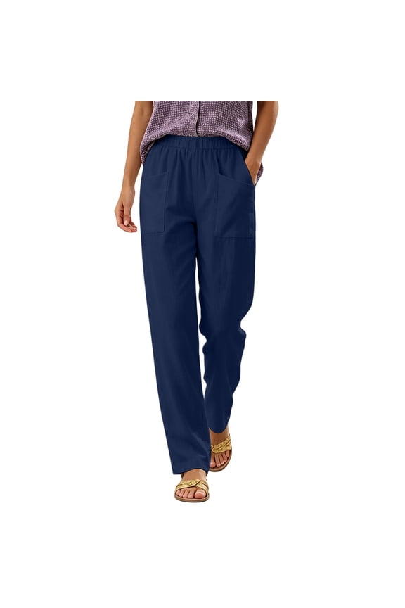 Womens Casual Straight Leg Long Pants Elastic High Waisted Square Patch Pockets Cotton Trousers for Summer Vacation