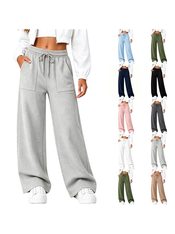 Womens Casual Wide Leg Sweatpants Drawstring Waist Big Patch Pockets Solid Loose Sport Trousers for Daily Going Out Wear
