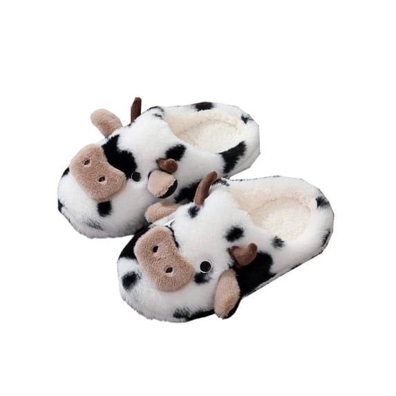 Qingpeng Womens Closed Toe Cow Print Plush Slippers Cozy Soft Full Coverage Indoor House Shoes for Home Winter Warm Comfort
