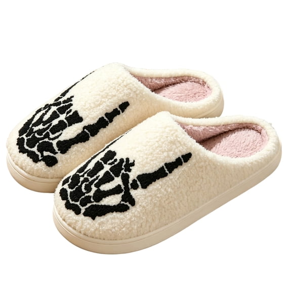 Qingpeng Womens Closed Toe Open Heel Skull Motif Plush Slippers Cozy Soft Indoor House Shoes for Halloween Winter Home Warm