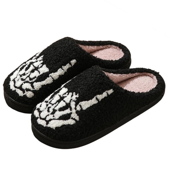 Qingpeng Womens Closed Toe Open Heel Skull Motif Plush Slippers Cozy Soft Indoor House Shoes for Halloween Winter Home Warm
