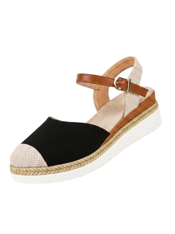 Womens Closed Toe Platform Sandals Color Block Canvas Upper Adjustable Ankle Buckle Strap Summer Shoes