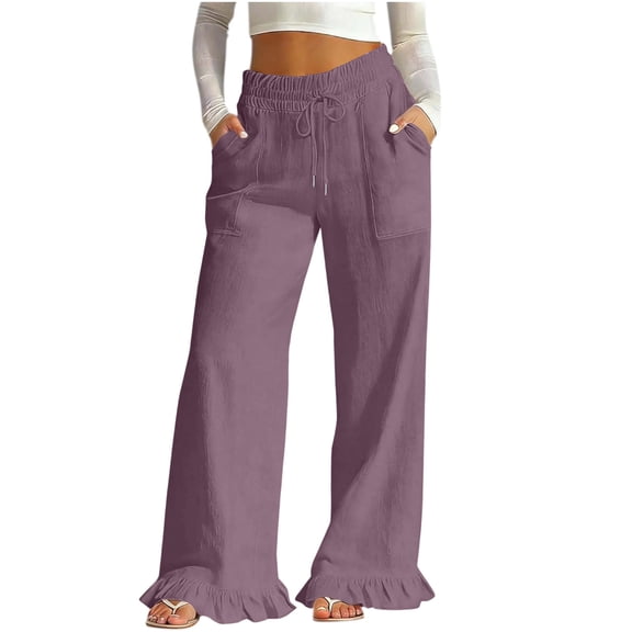 Qingpeng Womens Comfy Elastic Waist Palazzo Pants Ruched Waist Detail Ruffle Hem Relaxed Fit Bottoms with Patch Pockets