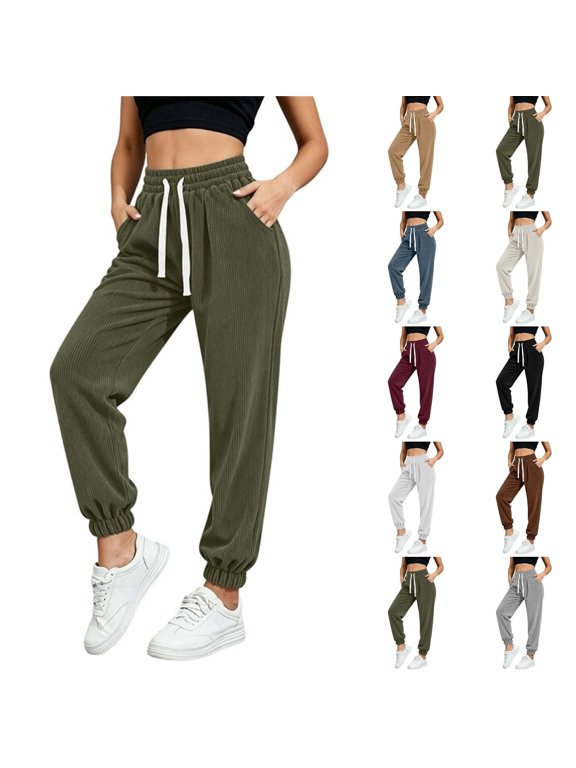 Womens Corduroy Jogger Pants Drawstring Waisted Cuffed Ankle Casual Trousers Trendy Daily Long Pants with Pockets