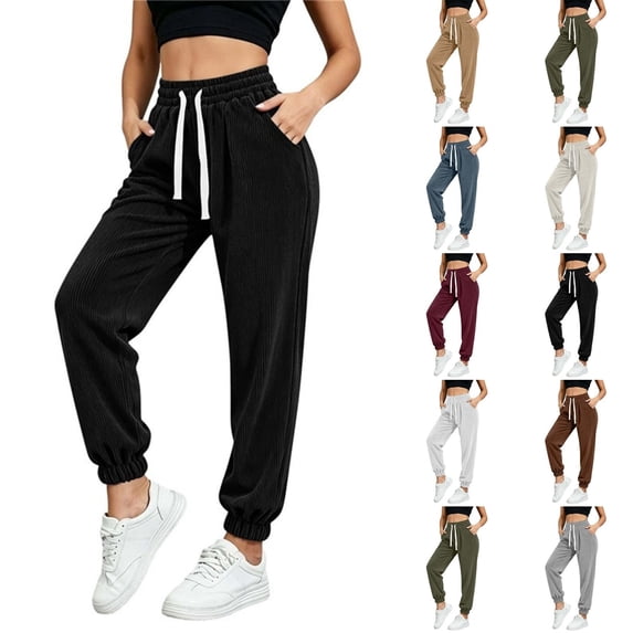 Qingpeng Womens Corduroy Jogger Pants Drawstring Waisted Cuffed Ankle Casual Trousers Trendy Daily Long Pants with Pockets