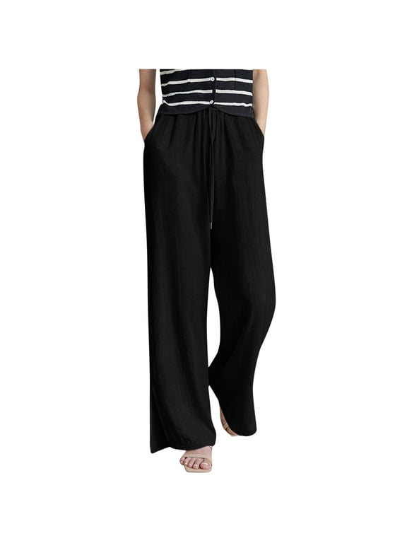 Womens Cotton Blend Wide Leg Pants Elastic Drawstring Waisted Split Hem Casual Trousers with Pockets