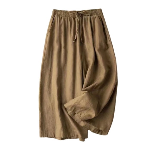 Qingpeng Womens Cotton Linen Cropped Wide Leg Pants Elastic Waisted Casual Baggy Trousers Trendy Pants with Pockets