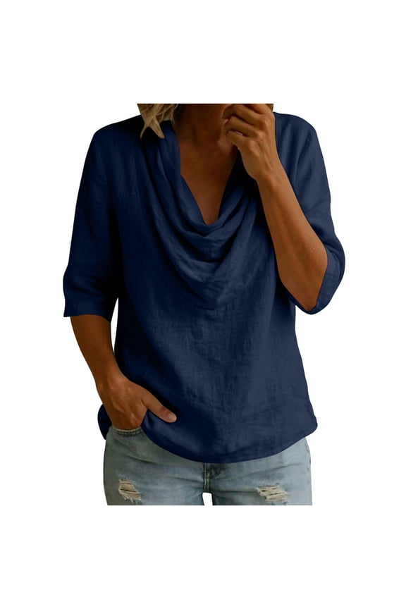 Womens Cowl Neck Drape Tops 3/4 Sleeve Relaxed Fit Flowy Tunic Blouse for Casual Daily Wear and Lounge Comfort