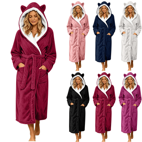 Qingpeng Womens Cozy Warm Lounge Robe Hooded with Animal Ears Tie Waist Long Sleeve Bathrobe with Pockets Winter Sleepwear