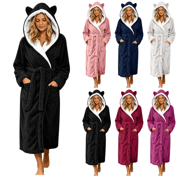 Qingpeng Womens Cozy Warm Lounge Robe Hooded with Animal Ears Tie Waist Long Sleeve Bathrobe with Pockets Winter Sleepwear