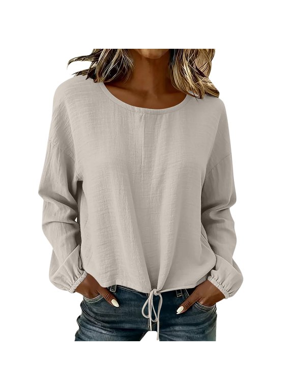 Womens Crew Neck Textured Woven Long Sleeve Tops Front Drawstring Hem Elastic Cuffs Cropped Casual Daily Layering Blouse Tees