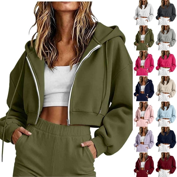Qingpeng Womens Crop Zipper Up Sweatshirt Jacket Oversized Long Sleeve Lightweight Breathable Casual Street Tops Walking Loungewear