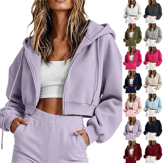 Qingpeng Womens Crop Zipper Up Sweatshirt Jacket Oversized Long Sleeve Lightweight Breathable Casual Street Tops Walking Loungewear