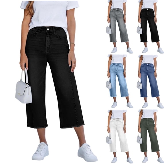 Qingpeng Womens Cropped Denim Wide Leg Jeans High Waisted Button Fly Capris with Back Pockets Summer Fashion Style
